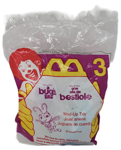 McDonald's Happy Meal toy of Dot from the 1998 Disney Pixar A Bug's Life series. Dot is the younger princess ant of the royal family and Princess Atta's younger sister.  The series was available Nov 27, 1998 - Dec 24, 1998 and contained 8 different toys.