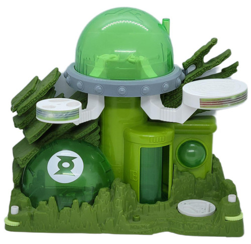 Imaginext 2008 DC Comics Green Lantern Planet OA toy with a green space base and a dome, featuring platforms and detailed accessories, no additional accessories included.