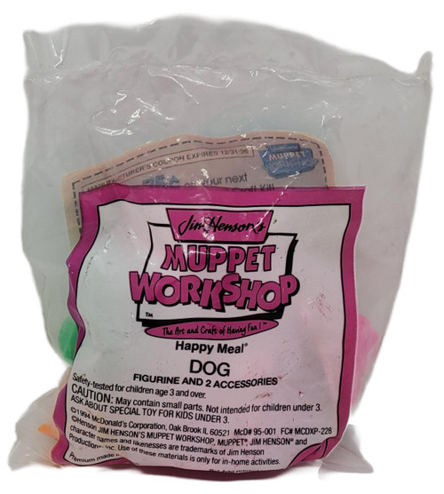 McDonald's Happy Meal Toy 1995 Muppet Workshop, Muppet Workshop figurine of a dog inside a sealed plastic bag.