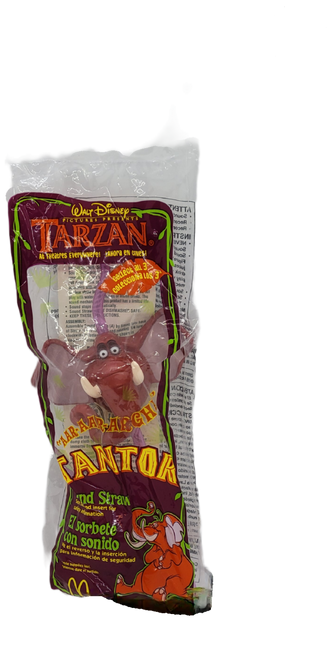 McDonald's Tantor sound straw from the 1999 Tarzan sound straws series. The series contains 3 different characters from Tarzan that make noises. The series contains Tarzan, Terk and Tantor and was available in 1999.