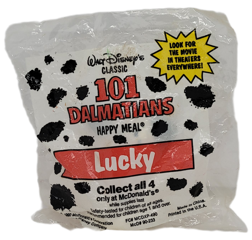 McDonald's Happy Meal toy of the 101 Dalmatians Lucky. Lucky was from the 1991 McDonald's 101 Dalmatians series of 4 different toys from the movie and was available July 5 - August 1, 1991