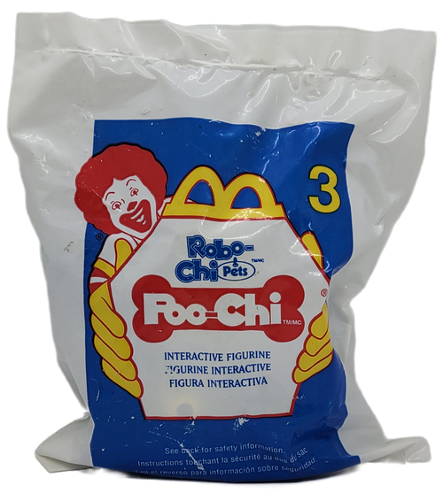McDonald's Happy Meal toy of Poo-Chi from the 2001 Robo-Chi Pets series of toys. The robotic cyber-pets each perform one trick and interact with each other as well as Tiger Electronics’ retail versions. This toy line featured eight robots, which had four Poo-Chi’s, two Meow-Chi’s, and two Chirpy-Chi’s. Each of these robots had a variation of four different colors each, making a total of 32 variations to this entire line. The series was available February 23 - March 22, 2001.