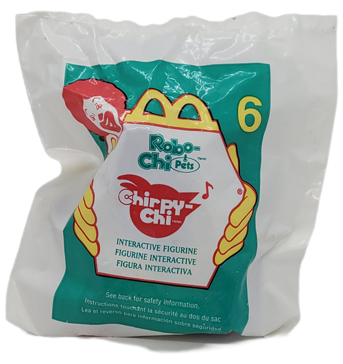 McDonald's Happy Meal toy of Chirpy-Chi from the 2001 Robo-Chi Pets series of toys. The robotic cyber-pets each perform one trick and interact with each other as well as Tiger Electronics’ retail versions. This toy line featured eight robots, which had four Poo-Chi’s, two Meow-Chi’s, and two Chirpy-Chi’s. Each of these robots had a variation of four different colors each, making a total of 32 variations to this entire line. The series was available February 23 - March 22, 2001.