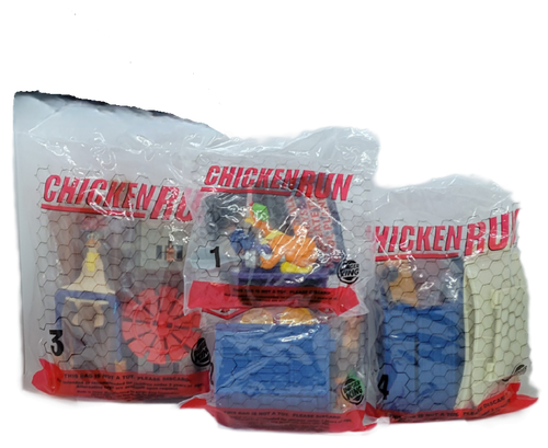 Burger King Kids' Club complete set of Bunty Breaks Out, Mac's Haywire Act, Rocky's Rooster Booster, Ginger's Eggstreme Escape toy from the 2000 Chicken Run series of toys. The series contained 4 different toys and was available June 19 - July 16, 2000.
