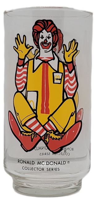 Vintage 1976 collector series character glass of Ronald McDonald from McDonaldland. These glasses were available at McDonalds fast food restaurants when you purchased a medium drink and featured Ronald McDonald sitting with hands raised upwards on opposite sides of the glass.
