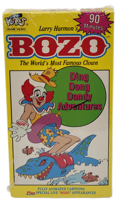 Larry Harmon's Pictures 1991 VHS tape of Bozo "The World's Most Famous Clown" Ding Dong Dandy Adventures. The fully animated cartoons contains 90 minutes of Bozo adventures.