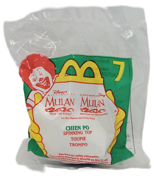 McDonald's Happy Meal toy of Chien Po spinning top from the 1999 Disney's Mulan Now on Video series of toys. Chien Po bust wearing grey top with blue trim is sitting on top of a grey top. The series contains 8 toys and was available January 29 - February 25, 1999.