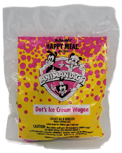 McDonald's Happy Meal toy of Dot’s Ice Cream Wagon from the 1994 Animaniacs series of toys. The series contains 8 different character toys and was available May 6 - June 2, 1994.