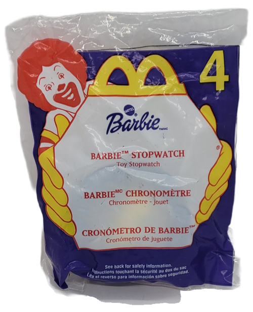 McDonald's Happy Meal toy of a Barbie Stopwatch toy stopwatch from the 2000 "More Fun Than Ever" Barbie/Hot Wheels series of toys. The Barbie Stopwatch is purple and red plastic and is one of the 16 Barbie themed toys in the series that also contains 16 different Hot Wheels themed toys. The series was available September 15 - October 12, 2000.