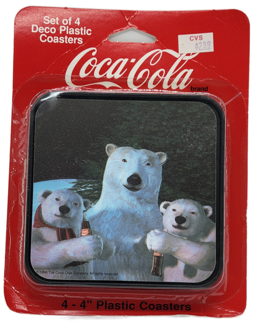 Coca-Cola 1996 set of 4 deco plastic coasters that measure 4-inches by 4-inches in size. The top coaster features the Coca-Cola Polar Bears with their bottles of Coca-Cola. The coasters are moisture resistant and work with both hot and cold beverages.