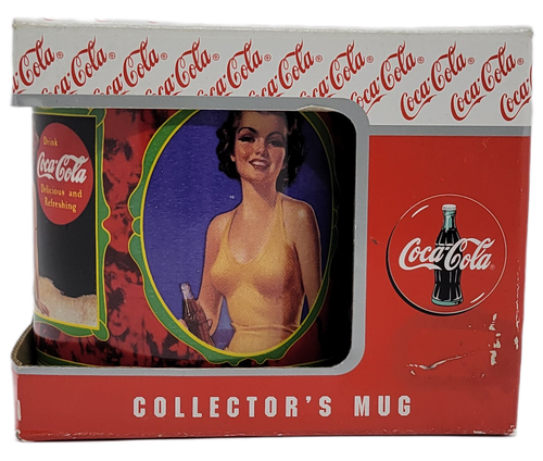Coca-Cola 1995 collector mug featuring vintage ads used by Coca-Cola over the years. The artwork features women in bathing suits sitting at the beach enjoying their bottles of Coca-Cola. The Enesco mug is #172189 and was Made in Taiwan.