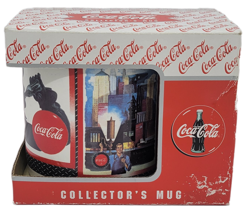 Coca-Cola 1995 collector mug featuring vintage ads used by Coca-Cola over the years. The front artwork is called "Work Refreshed" featuring a man working on the power lines. The Enesco mug is #172189 and was Made in Taiwan.