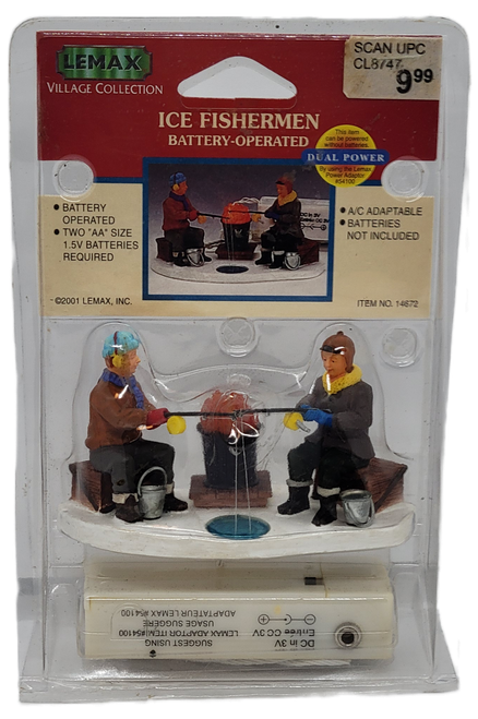 Lemax 2001 Ice Fishermen battery operated set from the Village Collection. The set #14672 features two fishermen ice fishing with fire behind them. The set operates with 2 "AA" batteries or A/C adapter.