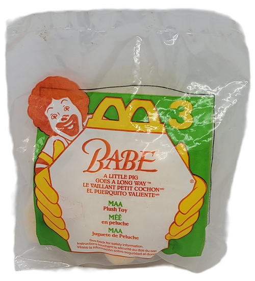 McDonald's Happy Meal toy MAA the Sheep plush animal toy from the 1995 Babe series of toys. McDonald's released a toy line based on the Universal children’s talking animal feature film Babe. It consisted of seven plush toys that include Babe the pig, Ferdinand the duck, Fly the Border Collie dog, Maa the Sheep, Cow, Mouse, and Dutchess the Cat. The series was available June 14 - July 11.