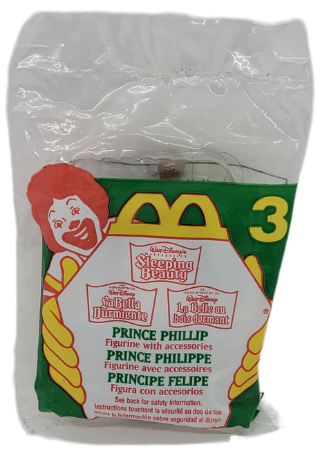 McDonald's Happy Meal Toy of Prince Phillip from the 1997 Walt Disney's Sleeping Beauty line of school supplies. Price Phillip is a Marker and Pellete that stands 3.75-inches tall. The series contains 6 different characters and was available September 12 - October 2, 1997.