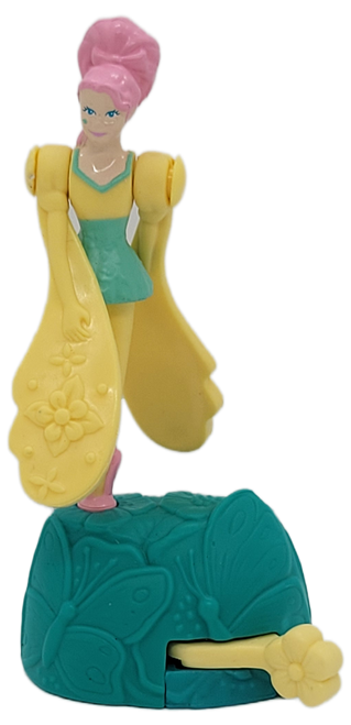 McDonald's Happy Meal toy of Flutterfly from the 1997 Spinning Sky Dancers/Micro Machines series of toys. Flutterfly is wearing yellow and green clothes with pink hair. The series offered 4 different Spinning Sky Dancers and 4 different Micro Machines to choose from. The series were available May 30 - June 19, 1997.