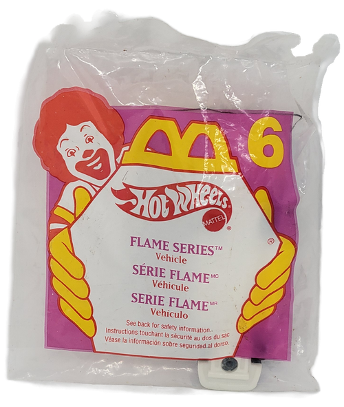 McDonald's Happy Meal toy of Flame Series vehicle from the 1996 Barbie/Hot Wheels series of toys. The #6 Flame Series vehicle is blue with orange flames on side and top of hood. The series contained 5 different Hot Wheels and 5 different Barbies of the World. The series was available July 12 - August 15, 1996.