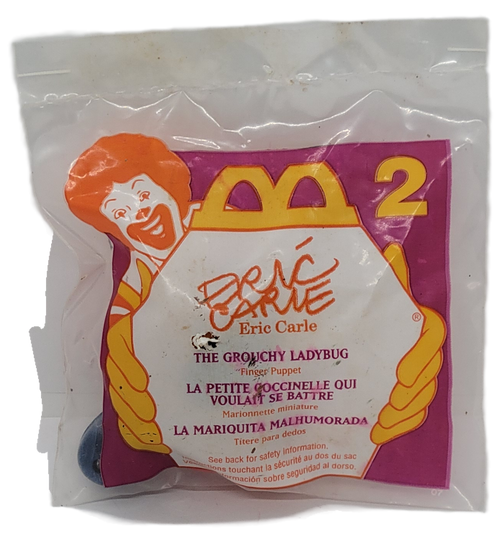 McDonald's Happy Meal toy The Grouchy Ladybug from the 1996 Eric Carle series of toys. The set includes #1 The Very Quiet Cricket, #2 The Grouchy Ladybug, #3 The Very Busy Spider, #4 The Very Hungry Caterpillar, #5 A House For Hermit Crab and #6 The Very Lonely Firefly. The series was based on the author, Eric Carle and was available September 20 - October 10, 1996.