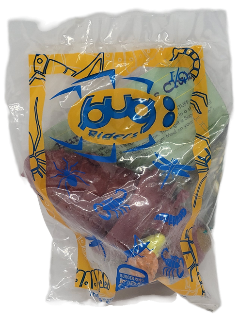 Burger King Kids' Club I./Q. on a Caterpillar toy from the 1998 Burger King Kids' Club Bug Riders. I.Q. is a boy with red glasses and is riding a maroon caterpillar with yellow eyes. The series contains 5 different bug riders and was available April 6 - May 11, 1998.