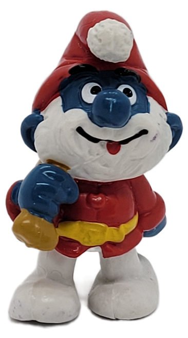 Vintage 1981 Schleich Smurfs 2.0124 Santa Papa Smurf wearing red Santa jacket and carrying bag of toys. Ho Ho Ho, Merry Christmas! The Santa Papa Smurf carries a sack full of presents to deliver to all of the good little Smurfs in the Village. With his long white beard, Papa Smurf looks just like Saint Nicholas in his red hat and jacket!