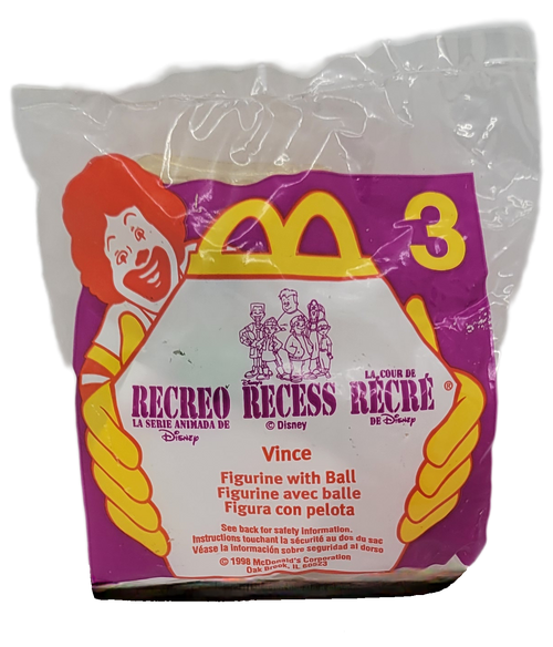 McDonald's Happy Meal toy of Vince with a basketball from the 1998 Disney's Recess series of toys. Vince LaSalle is the athletic kid from the show Recess. Vince is the most athletic student at Third Street School and is very popular. He is wearing green jersey and grey shorts and comes with a basketball. The series contains 7 different characters from the Disney show and was available December 25 - January 21, 1999.