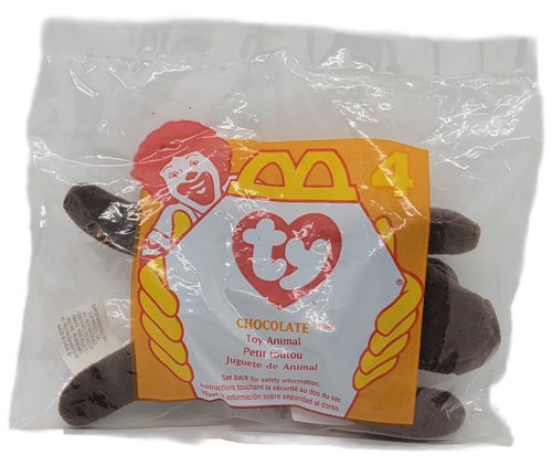 McDonald's Happy Meal Toy of Chocolate the Moose from the 1997 Ty Teenie Beanie Babies series of toy animals. Chocolate is brown with orange antlers. The series contains 10 different Ty Teenie Beanie Babies and was available April 4 - 24, 1997.