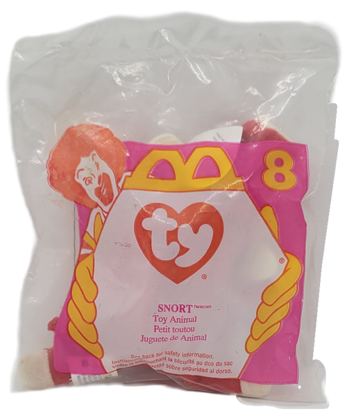 McDonald's Happy Meal Toy of Snort the Bull from the 1997 Ty Teenie Beanie Babies series of toy animals. Snort is red with white nose and feet. The series contains 10 different Ty Teenie Beanie Babies and was available April 4 - 24, 1997.