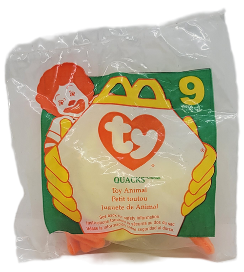 McDonald's Happy Meal Toy of Quacks the Duck from the 1997 Ty Teenie Beanie Babies series of toy animals. Quacks is yellow with orange bill and feet. The series contains 10 different Ty Teenie Beanie Babies and was available April 4 - 24, 1997.