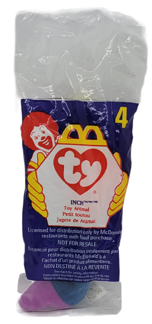McDonald's Happy Meal Toy of Inch the Worm from the 1998 Teenie Beanie series.  Inch is a multicolor worm with black eyes and black antennas. Inch was part of a McDonalds Ty Teenie Beanie promotion that ran from 22nd May – 18th June 1998. The promotion had 12 different Teenie Beanies available.