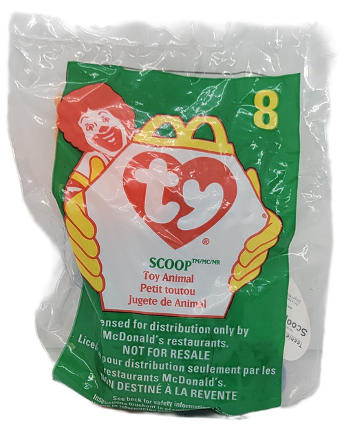 McDonald's Happy Meal Toy of Scoop the Pelican from the 1998 Teenie Beanie series.  Scoop is a grey pelican with orange beak and feet. Scoop was part of a McDonalds Ty Teenie Beanie promotion that ran from 22nd May – 18th June 1998. The promotion had 12 different Teenie Beanies available.