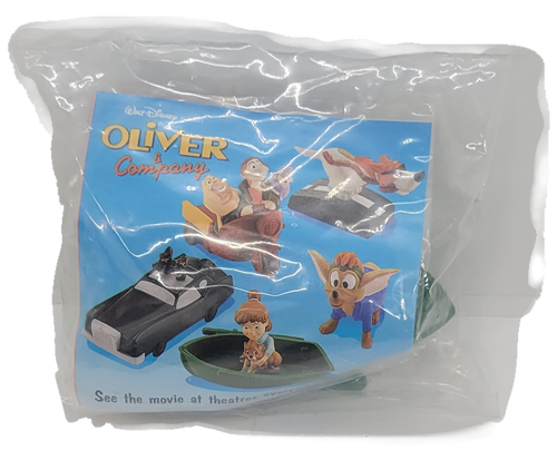Burger King Kids' Club 1996 Jenny & Oliver in a row boat from the Walt Disney Oliver & Company at theatres edition series of 5 toys.  The toys were available from March 25-May 5, 1996 and included Tito, Fagin with Francis & Georgette, Jenny & Oliver, Dodger, Roscoe & DeSote in Sykes car.