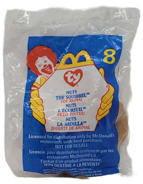McDonald's Happy Meal Toy of Nuts the Squirrel from the 1999 Ty Teenie Beanies series. He was part of a McDonald’s Teenie Beanies promotion that ran from 21st May – 17th June 1999. The promotion was released in different stages. The series included 12 different animal Teenie Beanies.