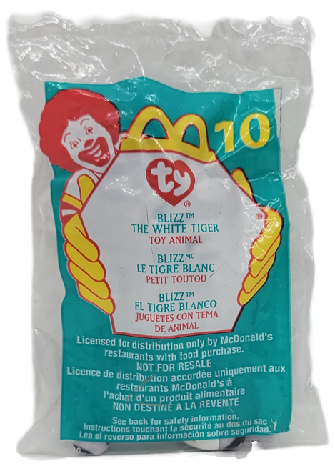 McDonald's Happy Meal toy of Blizz the White Tiger from the 2000 Ty Teenie Beanies series of toys. The McDonald's exclusive Teenie Beanies are part of the Ty Beanie Babies series of bean bag plush. The series contained 16 regular editions broken in to 4 different categories that include Pet Pals, Garden Bunch, At the Zoo & Under the Sea. There was also 2 Top Secret ones to collect. Blizz the White Tiger was part of the At the Zoo series and was available June 16 - July 13, 2000.