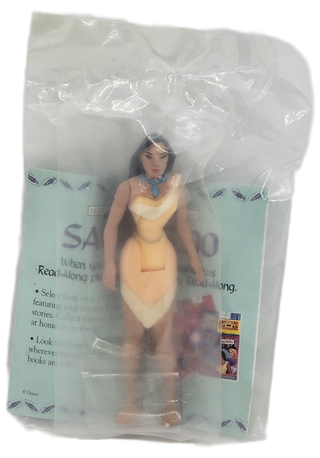 Burger King Kids' Club toy of Pocahontas from the 1995 Pocahontas series. Pocahontas is wearing her tan dress with white trim and her blue necklace. The series consisted of 8 different characters from the Disney movie, Pocahontas and was available June 15 - July 16, 1995.