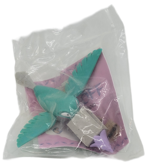 Burger King Kids' Club 1995 Walt Disney's Pocahontas Flit toy figure. Flit is a ruby-throated hummingbird who is a friend of Pocahontas and is  4.75-inches long with purple flower on end of beak. The set of 8 different toy figures that were available June 15-July 16, 1995.
