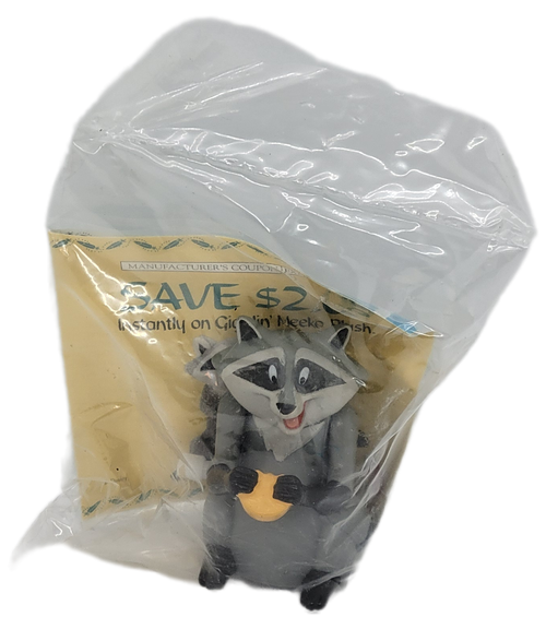 Burger King Kids' Club wind-up toy of Meeko the raccoon from the 1995 Pocahontas series. Meeko is sitting with food in his hand that raises and lowers from his mouth. The series consisted of 8 different characters from the Disney movie, Pocahontas and was available June 15 - July 16, 1995.