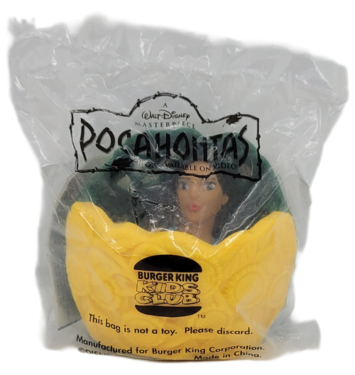 Burger King Kids' Club 1996 Walt Disney's Pocahontas finger puppet of Pocahontas. Pocahontas comes in a yellow and green basket and stands 2.75-inches tall. The set of 6 different hide n' seek finger puppets were available February 21 - March 24, 1996.