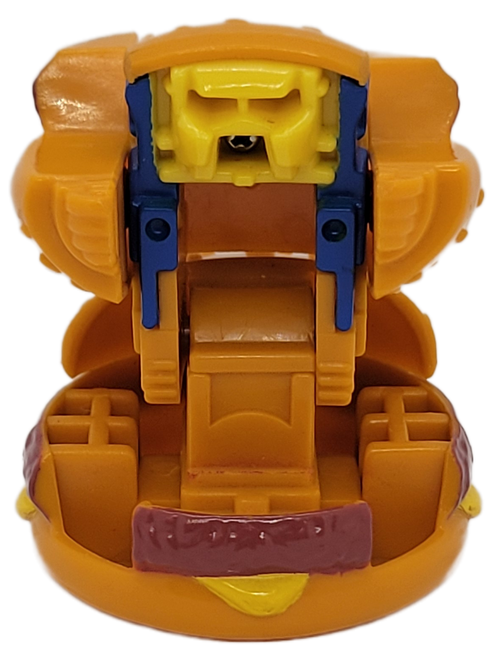 McDonald's Happy Meal Toy of Quarter Pounder from the 1987 McDonald's Changeables series of toys. The Quarter Pounder opens up and reveals a blue robot with yellow face. The series contains 6 different McDonald's foods that transform into robots. McDonald's offered the series to appeal to the Transformers popularity.