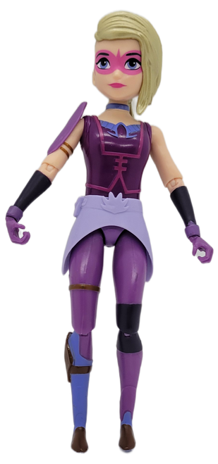 Playmate Toys 2017 Mysticons 6.5-inch action figure of Em. Emerald Zirconia Goldenbraid (called "Em" or "Poo-Tinkle" by her parents and "Boo-Tinkle" by her boyfriend/starmate) is one of the four main characters of the Mysticons television series, comics and chapter books. She is a teenage female dwarf, as her predecessor was a male dwarf.