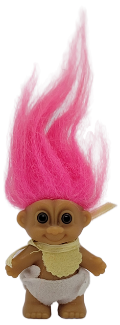 RUSS 2-inch tall troll doll with pink hair wearing a diaper and bib.  With hair, the troll stands 5-inches tall.
