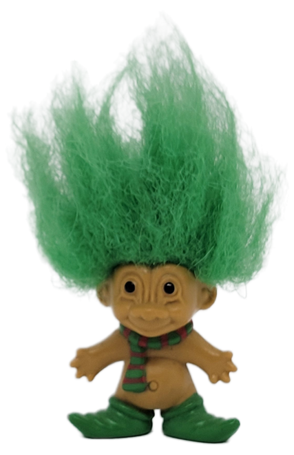 RUSS Berrie and Company Elf Troll that was sold as Merry Little Troll pins. These 1.25" tall pins also come with 2 inches of hair on top.