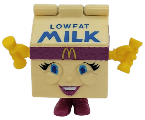 McDonald's Happy Meal Toy of Milly the Milk Carton from the 1993 Food Fundamentals series of toys. Milly the milk carton is a weightlifter. The series contains 4 different toys and was available March 5 - April 8, 1993.