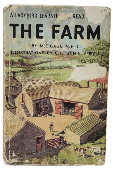 The Farm, A Ladybird Learning to Read series children's book by M. E. Gagg N.F.U. and illustrated by C. F. Tunnicliffe, R.A. The first edition book offers 50 pages of illustrations and words to educate young readers. The book was printed in England and was part of the Series 563.