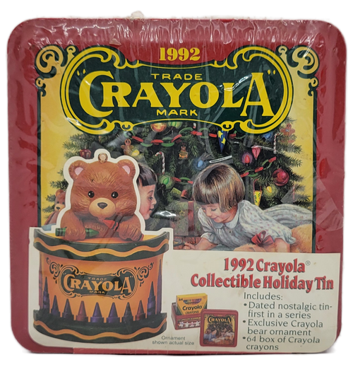 Crayola crayons 1992 Crayola collectible holiday tin with 64 crayons and exclusive Crayola bear ornament inside. Crayola was founded in 1903 and offered first nostalgic tin in 1992. The tin is red with Crayola inspired themed Christmas scenes on the sides of tin. The top has a young boy and girl in front of a Christmas tree with Crayola trade mark above them.