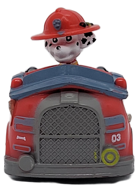 Paw Patrol 2015 racer of Marshall with fire truck vehicle by Spin master. The fire truck is 3-inches long x 1.5-inches wide x 2-inches high and made of plastic. Marshall is a Dalmatian puppy and one of the seven main protagonists in the TV series PAW Patrol. He is the 3rd member of the PAW Patrol and the team's fire pup, as well as the medic pup (as of "Pups Save Jake").