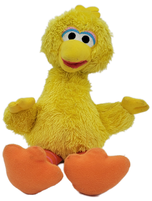 Sesame Street 10-inch plush of Big Bird from the 2013 Hasbro Sesame Workshop series of plush. Big Bird is a Muppet character designed by Jim Henson and built by Kermit Love for the children's television show Sesame Street. An eight-foot-two-inch-tall anthropomorphic bright yellow flightless bird