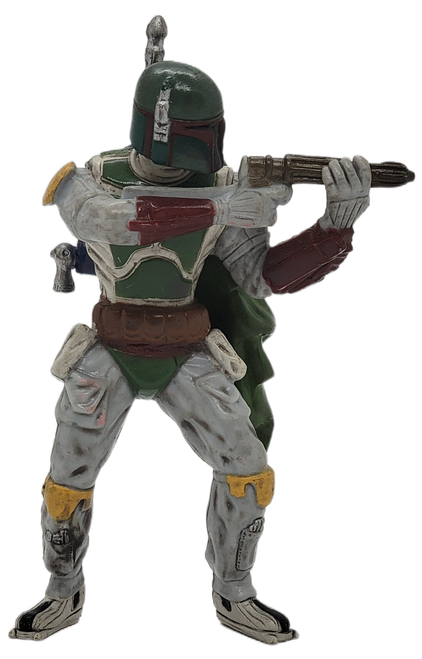 LFT 2007 Disney Store Exclusive Star Wars 3.75-inch PVC figure of Boba Fett holding his blaster for ages 5+. With his customized Mandalorian armor, deadly weaponry, and silent demeanor, Boba Fett was one of the most feared bounty hunters in the galaxy. A genetic clone of his 'father,' bounty hunter Jango Fett, Boba learned combat and martial skills from a young age.
