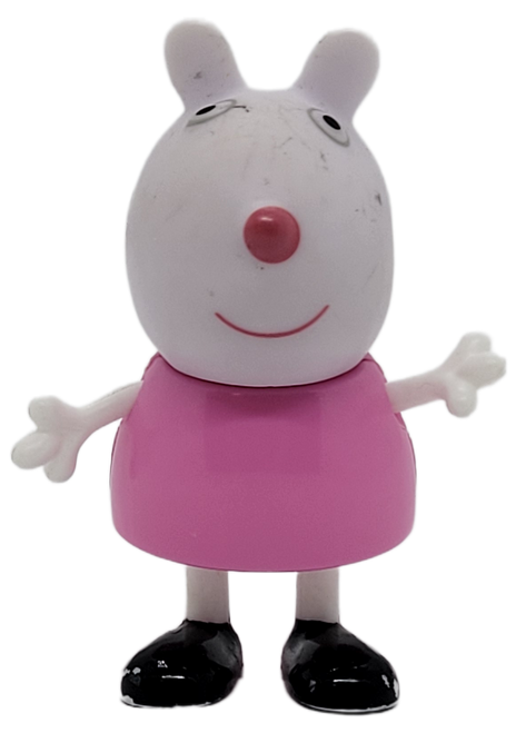 Jazwares 2003 toy figure of Peppa Pig's friend Suzy Sheep. The 2.5-inch tall figure has legs that allow her to sit. Suzy Sheep is Peppa's best friend and loves dressing up with her, especially as nurses. She's also very musical and has a curious mind, fascinated by science and dreaming of living on the moon one day. Suzy is confident and never shy about asking for her turn in the sandpit.