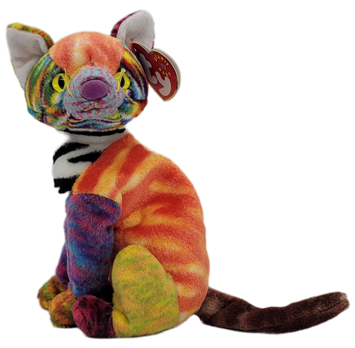 Ty Beanie Baby of Kaleidoscope the cat from 2000. Kaleidoscope is covered with rainbow worth of colors. The cat is 6.5-inches tall and was born 06/24/00 and retired 03/14/01.