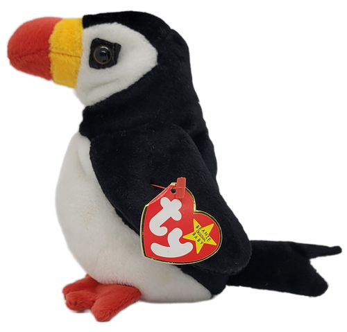 Ty Beanie Baby of Puffer the Puffin from 1997. Puffer is 6-inches tall and 6-inches long and was born 11/03/97 and retired 09/18/98.